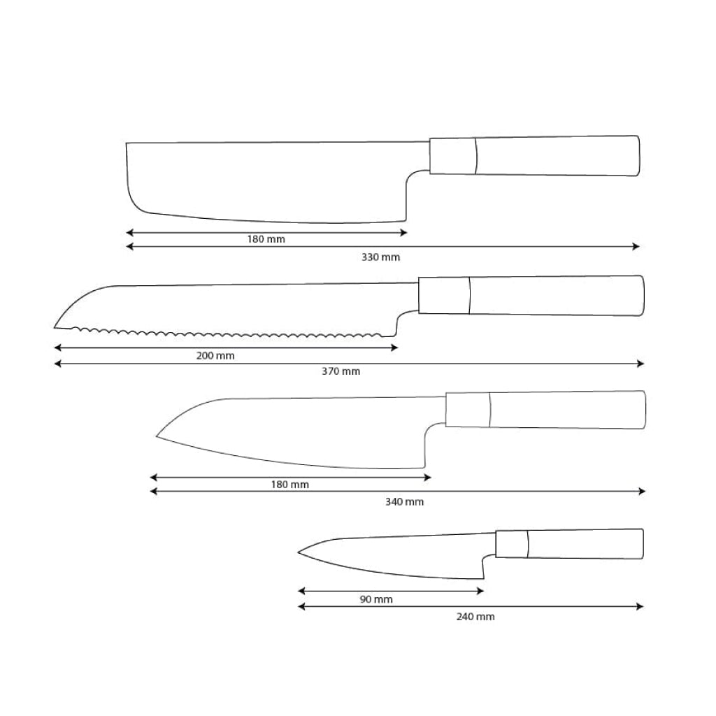 Shinrai Knives - Takumi Kaza 4-piece Damascus Knife Set - Santoku + Bread Knife + Nakiri + Paring Knife