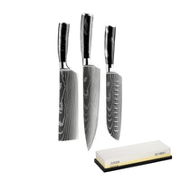 Coffret de 3 couteaux en époxy onyx damassé - Offre spéciale : Coffret XL avec pierre à aiguiser - Couteaux Shinrai