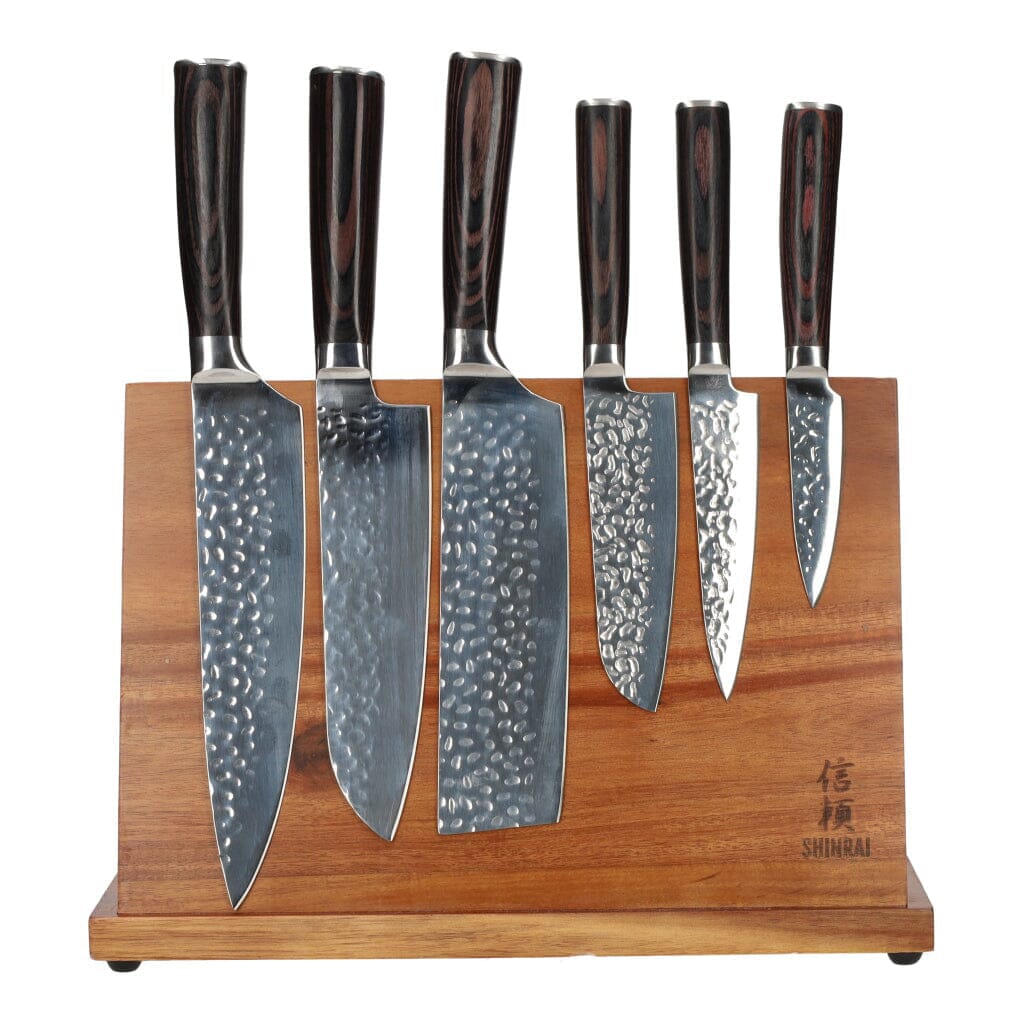 Hammered RVS 6-delige Messenset + Acacia houder enkelzijdig Messenset met blok Shinrai Knives