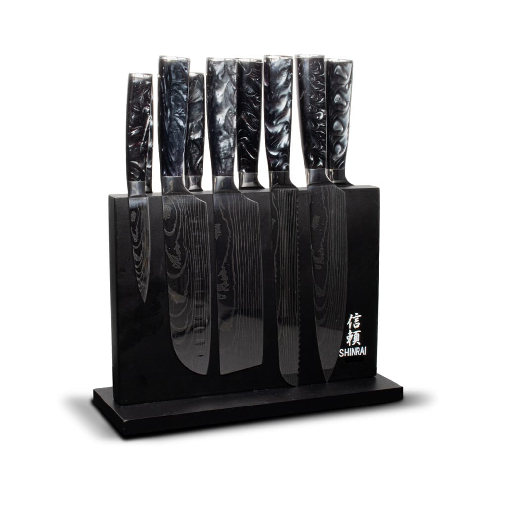 Shinrai Japan - Damascus Print Onyx Epoxy 9-delige Messenset + Magnetisch Messenblok Dubbelzijdig - Zwart Shinrai Japan