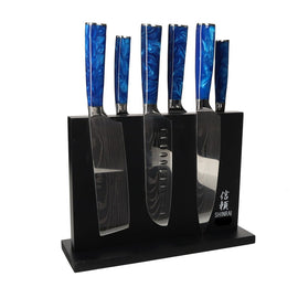 Shinrai Knives - Epoxy Sapphire Damascus Print 6-Piece Knife Set + Magnetic Knife Block Double-Sided - Black Shinrai Japan - Epoxy Sapphire Damascus Print 6-delige Messenset + Magnetisch Messenblok Dubbelzijdig - Zwart Messenset met blok Shinrai Japan