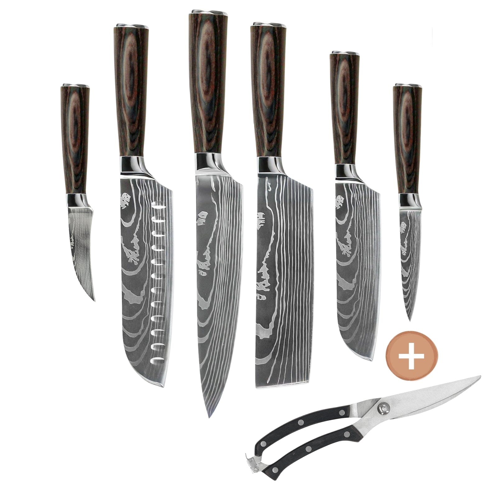 Shinrai Knives - Damascus Print 6-delige Messenset + Gratis Wildschaar Messenset Shinrai Knives