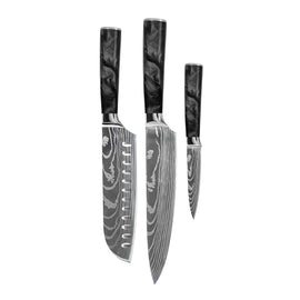 Shinrai Knives - Damascus Print Epoxy Onyx 3-Piece Knife Set - Chef's Knife + Santoku + Paring Knife Shinrai Knives - Damascus Print Epoxy Onyx 3-delige Messenset - Koksmes + Santoku + Schilmes Messenset Shinrai Knives