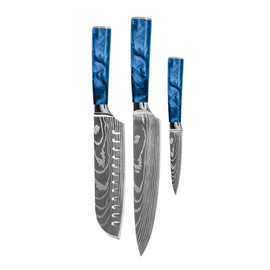 Shinrai Knives - Damascus Print Epoxy Sapphire 3-Piece Knife Set - Chef's Knife + Santoku + Paring Knife Shinrai Knives - Damascus Print Epoxy Sapphire 3-delige Messenset - Koksmes + Santoku + Schilmes Messenset Shinrai Knives
