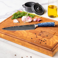 Couteaux Shinrai - Coffret de 5 couteaux en résine époxy saphir à motif damassé - Couteau de chef + Couteau à pain + Nakiri + Petit Santoku + Couteau d'office