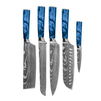 Shinrai Knives - Damascus Print Epoxy Sapphire 5-delige Messenset - Koksmes + Broodmes + Nakiri + Santoku + Schilmes Messenset Shinrai Knives