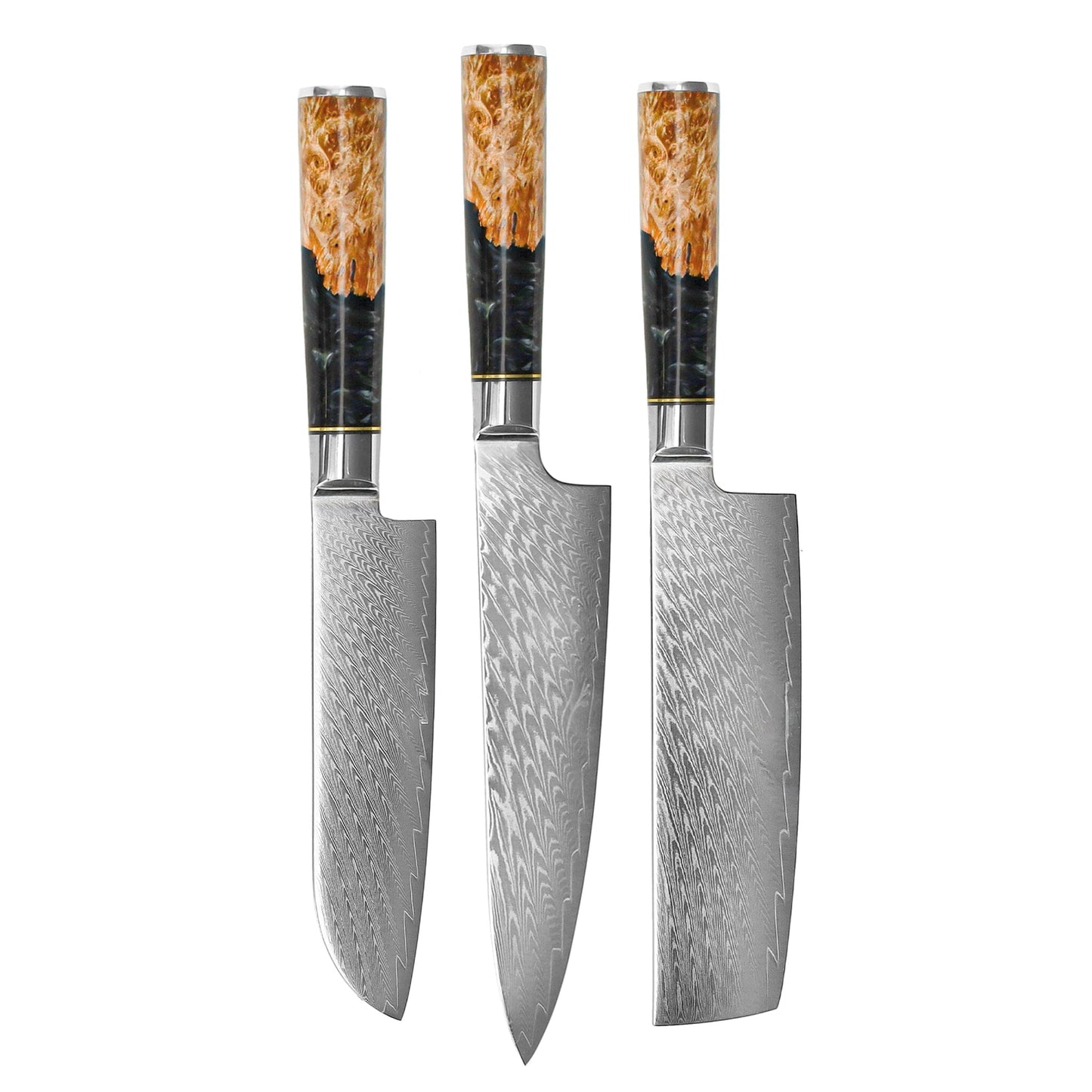 Shinrai Knives - Epoxy Onyx 3-delige Damascus Messenset - Koksmes + Nakiri + Santoku Messenset Shinrai Knives