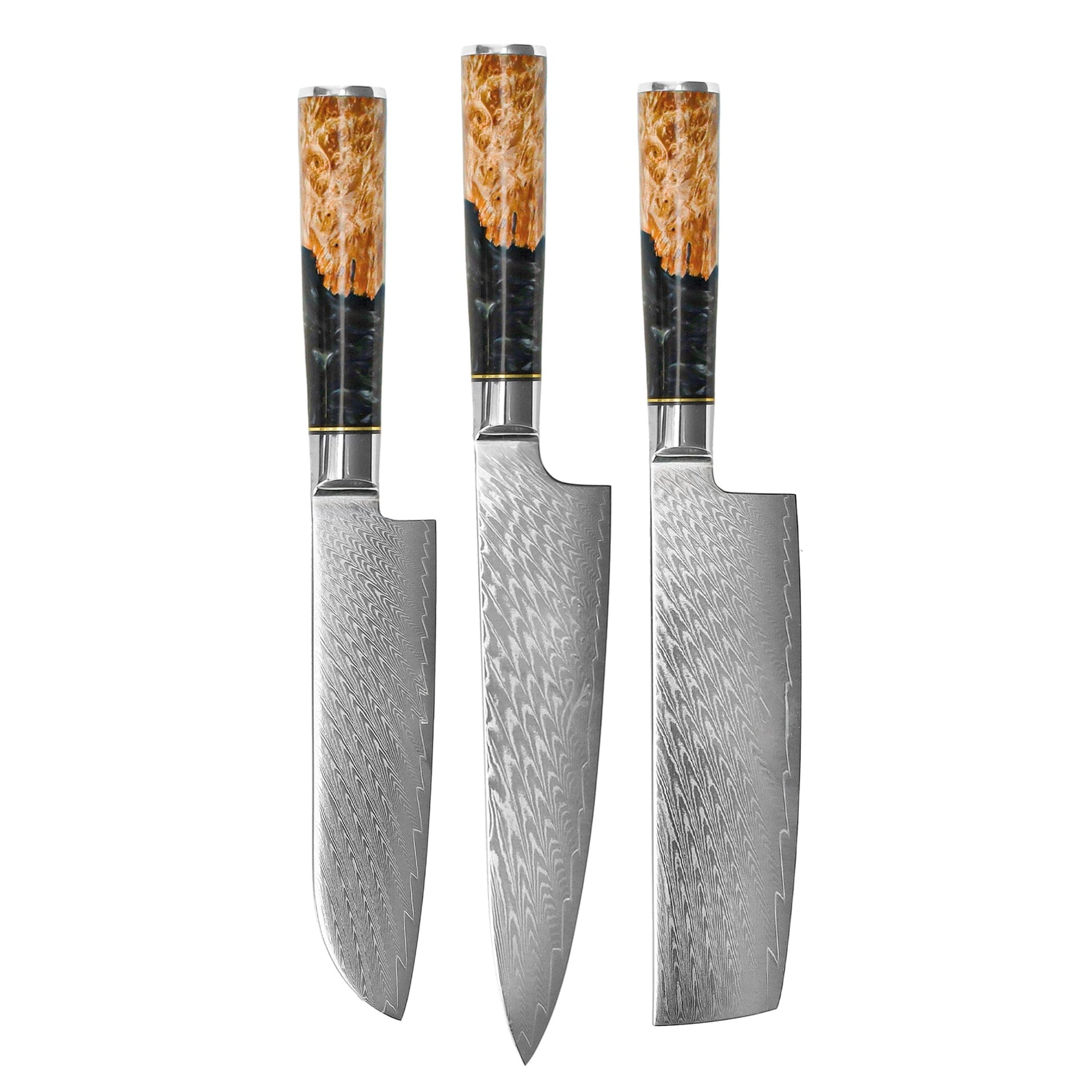 Shinrai Knives - Epoxy Onyx 3-delige Damascus Messenset - Koksmes + Nakiri + Santoku Messenset Shinrai Knives