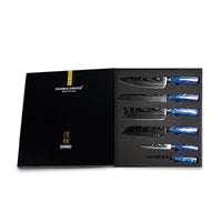 Couteaux Shinrai - Coffret de 6 couteaux en acier damassé saphir époxy + bloc magnétique ; Couteaux Scalae - Coffret de couteaux en bois d'acacia avec bloc ; Couteaux Shinrai
