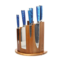 Couteaux Shinrai - Coffret de 6 couteaux en acier damassé saphir époxy + bloc magnétique ; Couteaux Scalae - Coffret de couteaux en bois d'acacia avec bloc ; Couteaux Shinrai