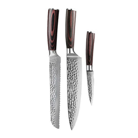 Shinrai Knives - Hammered Stainless Steel 3-Piece Knife Set - Chef's Knife + Bread Knife + Paring Knife Shinrai Knives - Hammered RVS 3-delige Messenset - Koksmes + Broodmes + Schilmes Messenset Shinrai Knives