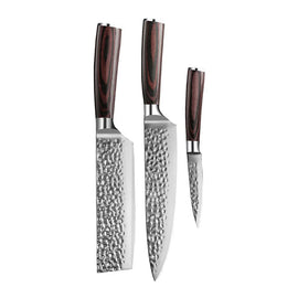Shinrai Knives - Hammered Stainless Steel 3-Piece Knife Set - Chef's Knife + Nakiri + Paring Knife Shinrai Knives - Hammered RVS 3-delige Messenset - Koksmes + Nakiri + Schilmes Messenset Shinrai Knives