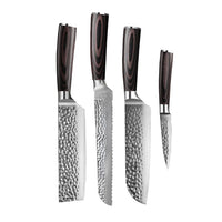Shinrai Knives - Hammered RVS 4-delige Messenset - Santoku + Broodmes + Nakiri + Schilmes Messenset Shinrai Knives