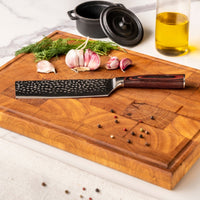 Couteaux Shinrai - Coffret de 5 couteaux en acier inoxydable martelé - Couteau de chef + Couteau à pain + Nakiri + Santoku + Couteau d'office