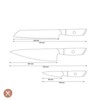Shinrai Knives - Hikari Damascus 3-delige set - Koksmes + Broodmes + Schilmes Messenset Shinrai Knives