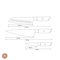 Shinrai Knives - Hikari Damascus 3-delige set - Koksmes + Santoku + Schilmes Messenset Shinrai Knives