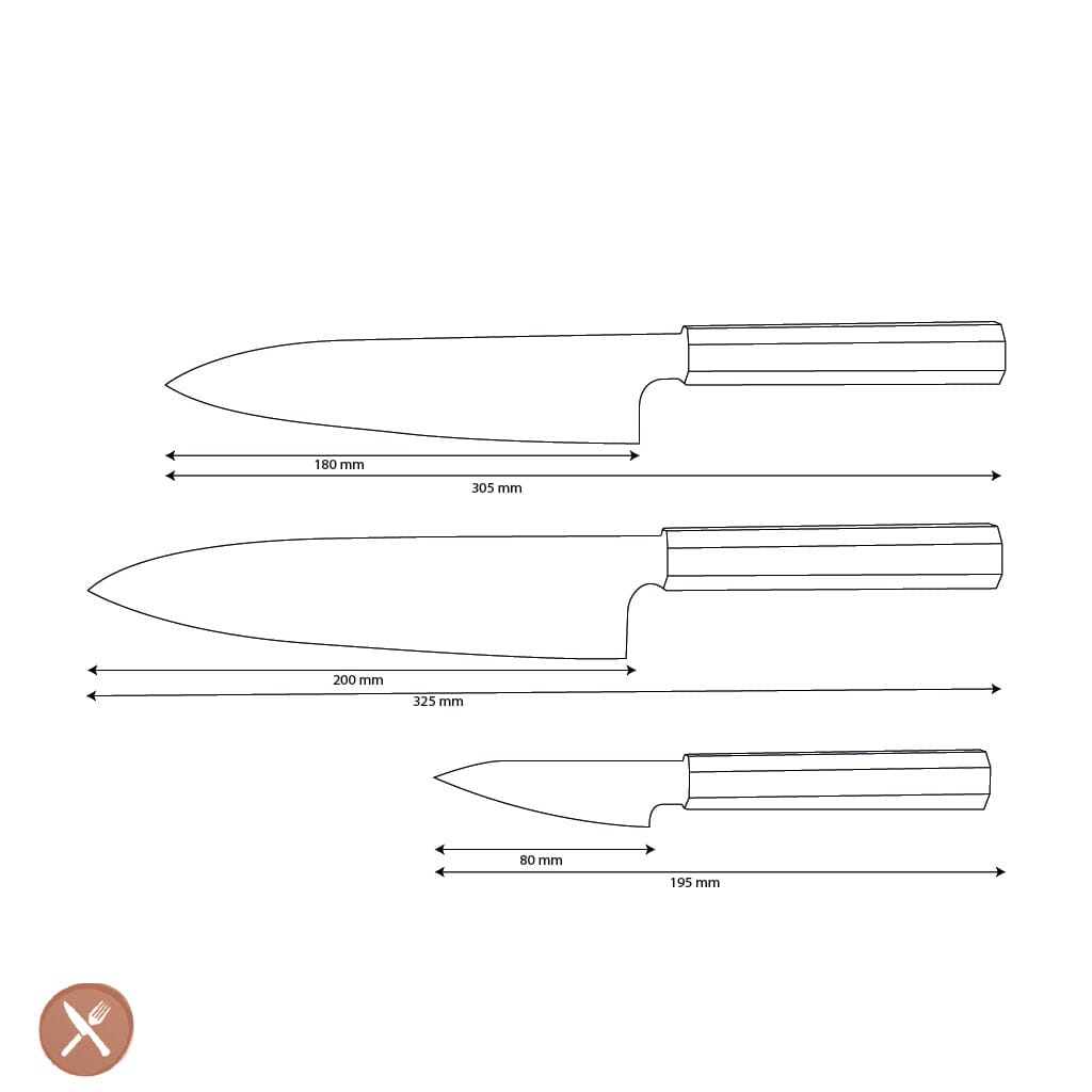 Shinrai Knives - Kigami Exclusive Damascus 3-delige set - Koksmes + Santoku + Schilmes Messenset Shinrai Knives