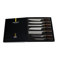 Shinrai Knives - Micarta Jewels 7-delige Damascus Messenset + Magnetisch Messenblok Scalae - Acacia hout Messenset met blok Shinrai Knives