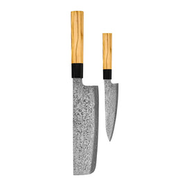 Shinrai Knives - Takumi Kaza 2-piece Damascus Knife Set - Nakiri + Paring Knife Shinrai Knives - Takumi Kaza 2-delige Damascus Messenset - Nakiri + Schilmes Messenset Shinrai Knives