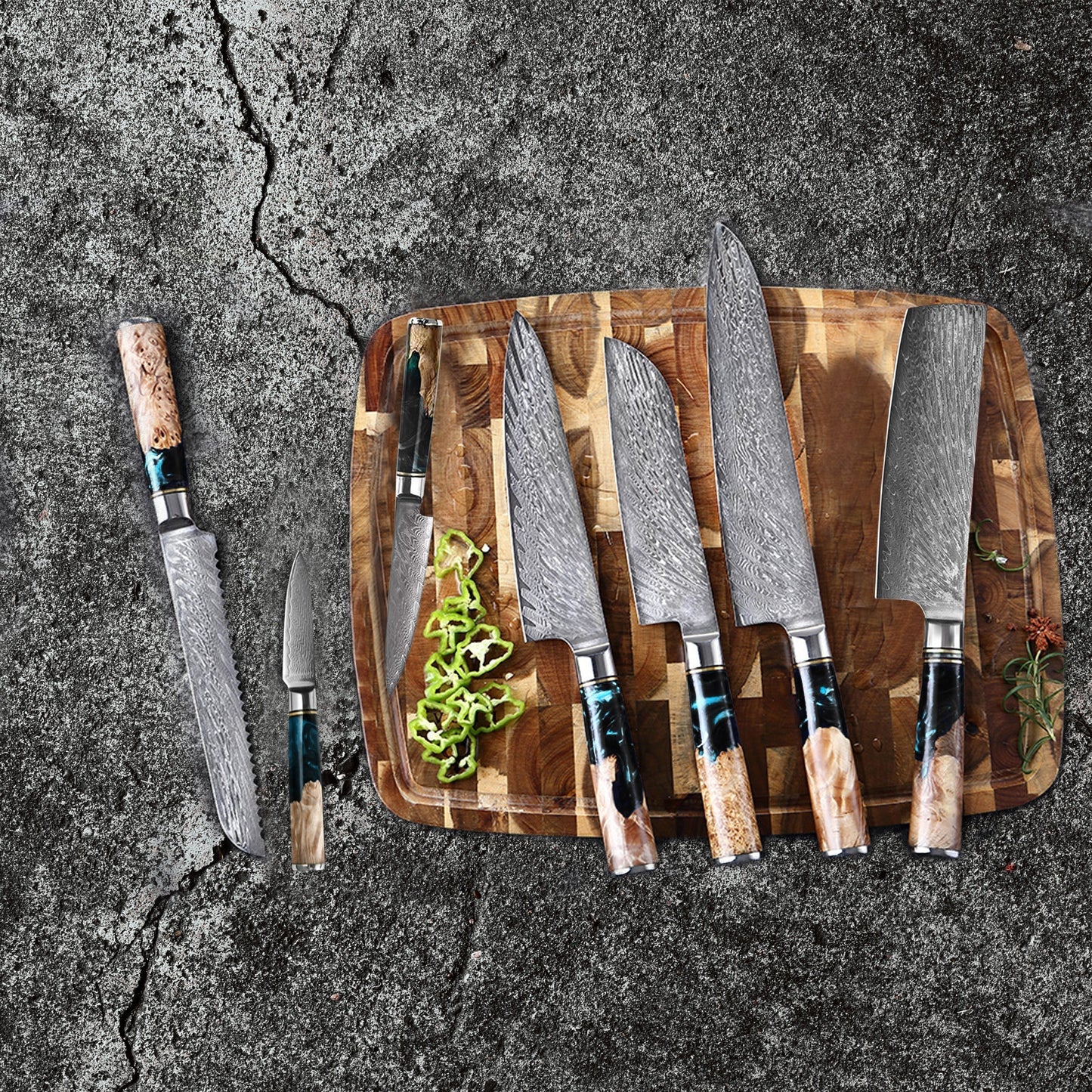 Epoxy Onyx 6-delige Damascus Messenset + Acaciahouder Dubbelzijdig Shinrai Japan