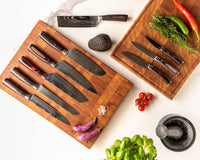 Messenset Damascus print 9-delig + Acacia Houder Dubbelzijdig Messensets Shinrai Japan