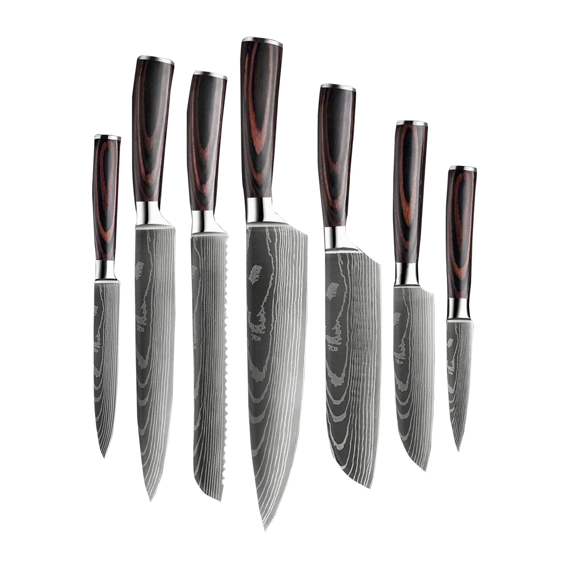 Messenset Damascus print 9-delig + Acacia Houder Dubbelzijdig Messensets Shinrai Japan