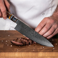 Micarta Jewels 7-delige Damascus Messenset + Acacia houder enkelzijdig Messensets Shinrai Japan