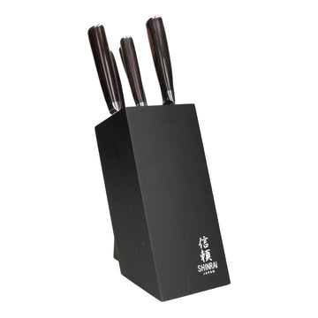 Shinrai Japan - Hammered Stainless Steel 6-piece Knife Set + Universal Knife Block Obliquus - Black