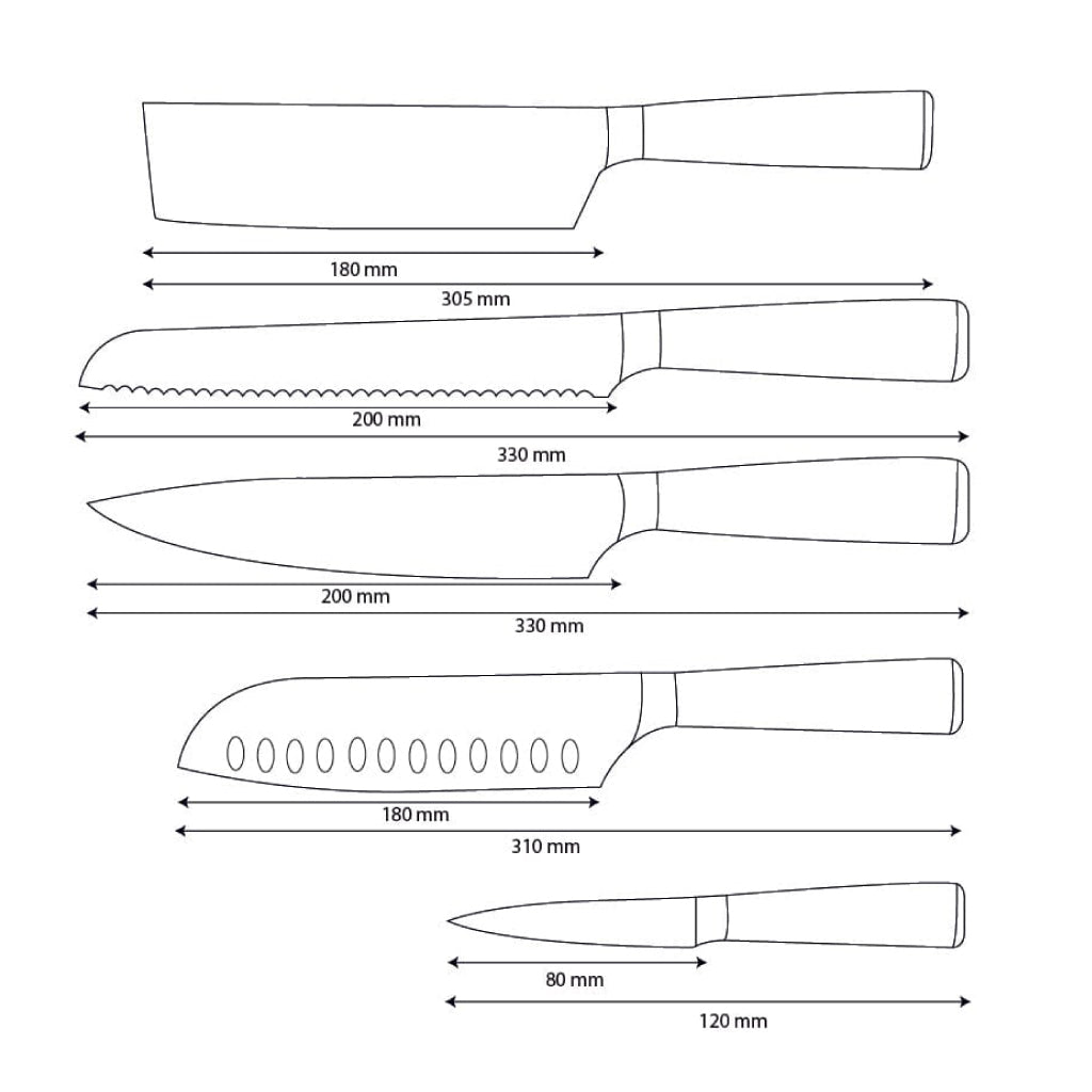 Shinrai Knives - Damascus Print Epoxy Sapphire 5-Piece Knife Set - Chef's Knife + Bread Knife + Nakiri + Santoku + Paring Knife