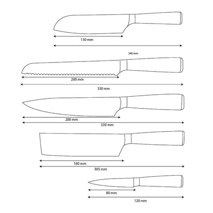 Shinrai Knives - Damascus Print Epoxy Sapphire 5-Piece Knife Set - Chef's Knife + Bread Knife + Nakiri + Small Santoku + Paring Knife