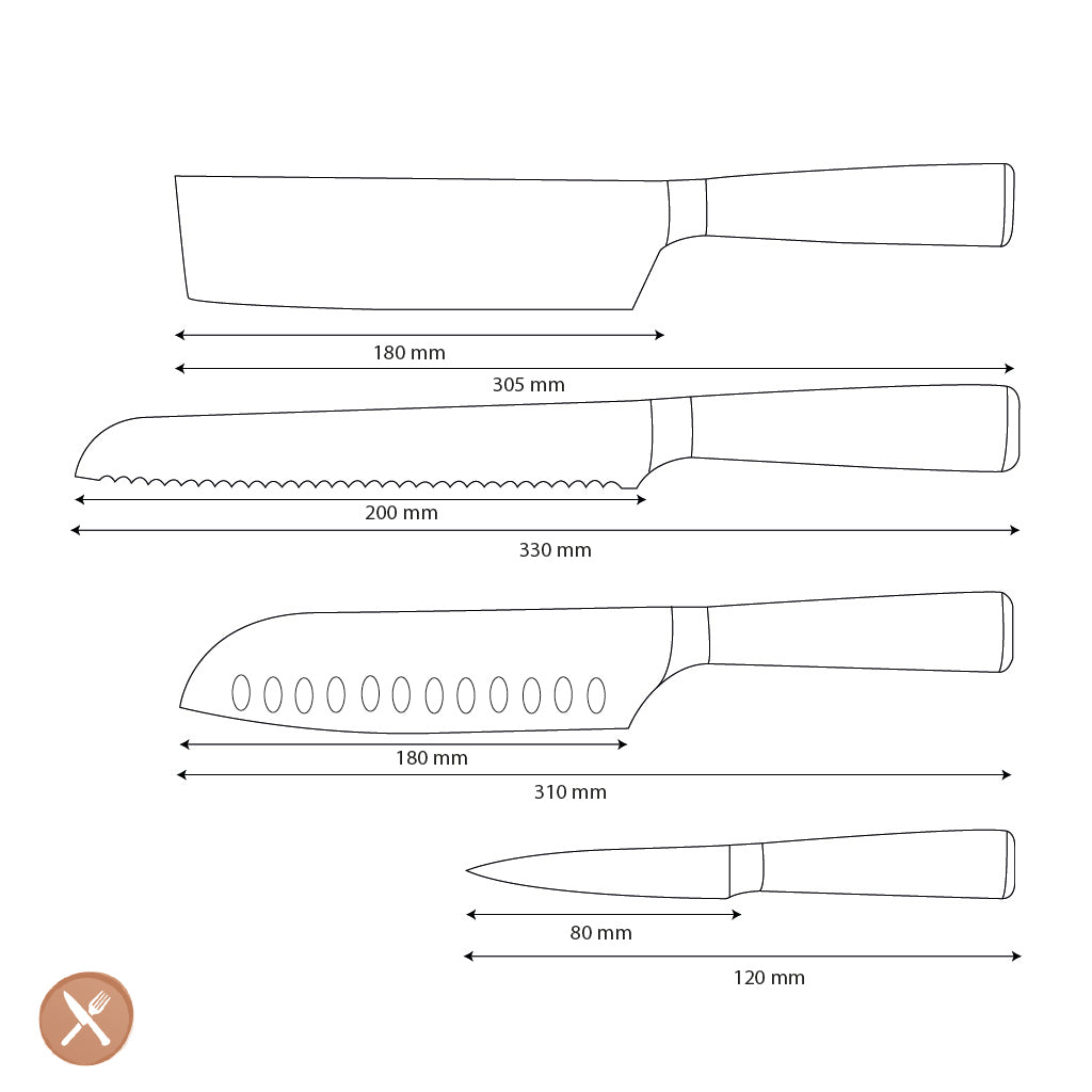 Shinrai Knives - Damascus Print 4-Piece Knife Set - Santoku + Bread Knife + Nakiri + Paring Knife