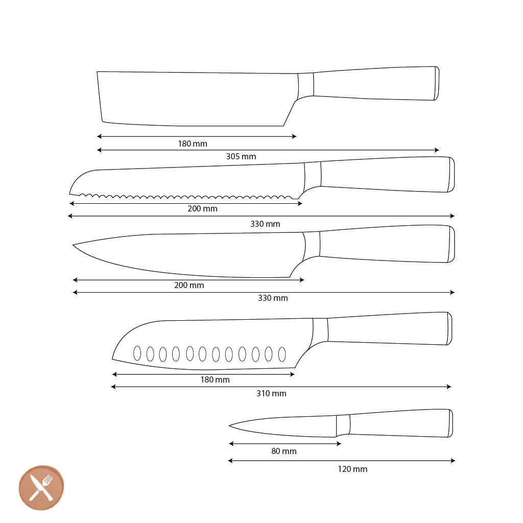 Shinrai Knives - Damascus Print 5-Piece Knife Set - Chef's Knife + Bread Knife + Nakiri + Santoku + Paring Knife