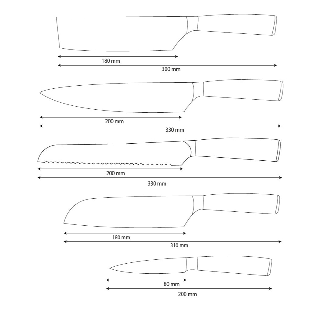 Shinrai Knives - Hammered Stainless Steel 5-Piece Knife Set - Chef's Knife + Bread Knife + Nakiri + Santoku + Paring Knife