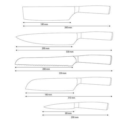 Shinrai Knives - Hammered Stainless Steel 5-Piece Knife Set - Chef's Knife + Bread Knife + Nakiri + Santoku + Paring Knife