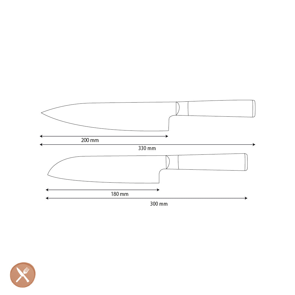 Couteaux Shinrai - Ensemble de 2 couteaux en damas martelé BR - Couteau de chef + Couteau Santoku