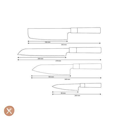 Shinrai Knives - Takumi Kaza 4-piece Damascus Knife Set - Santoku + Bread Knife + Nakiri + Paring Knife