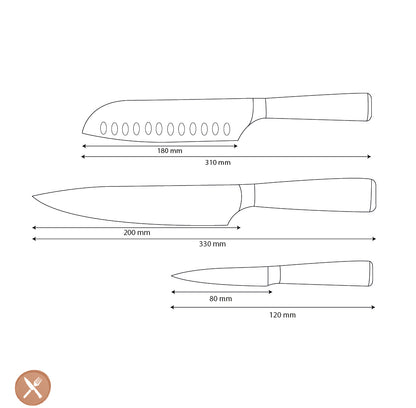 Couteaux Shinrai - Ensemble de 3 couteaux imprimés Damas - Couteau de chef + Santoku + Couteau d&#39;office