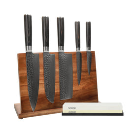 Shinrai Knives - Hammered Damask BR 5-Piece Knife Set + Knife Block + Sharpening Stone