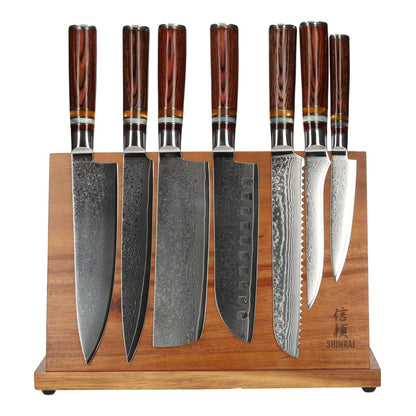 Shinrai Knives - Micarta Jewels 7-Piece Damascus Knife Set + Magnetic Knife Block Single-Edged
