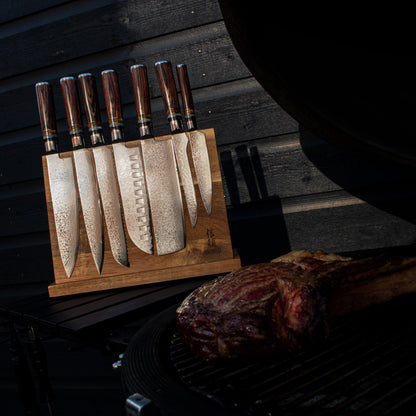 Shinrai Knives - Micarta Jewels 7-Piece Damascus Knife Set + Magnetic Knife Block Single-Edged