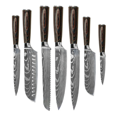 Shinrai Knives - Damascus Print 7-Piece Knife Set + Knife Block + Sharpening Stone
