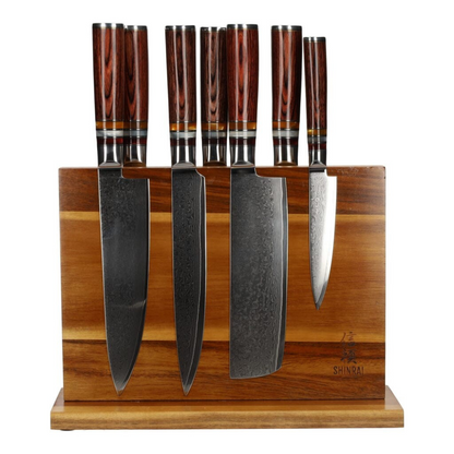 Shinrai Knives - Micarta Jewels 7-Piece Damascus Knife Set + Magnetic Knife Block Double Sided