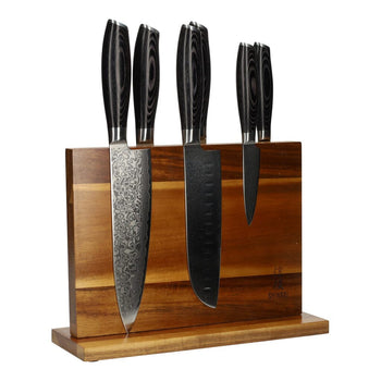 Damast Pakka Wood 6-delige Messenset + Magnetisch Messenblok Dubbelzijdig Messenset met blok Shinrai Knives 