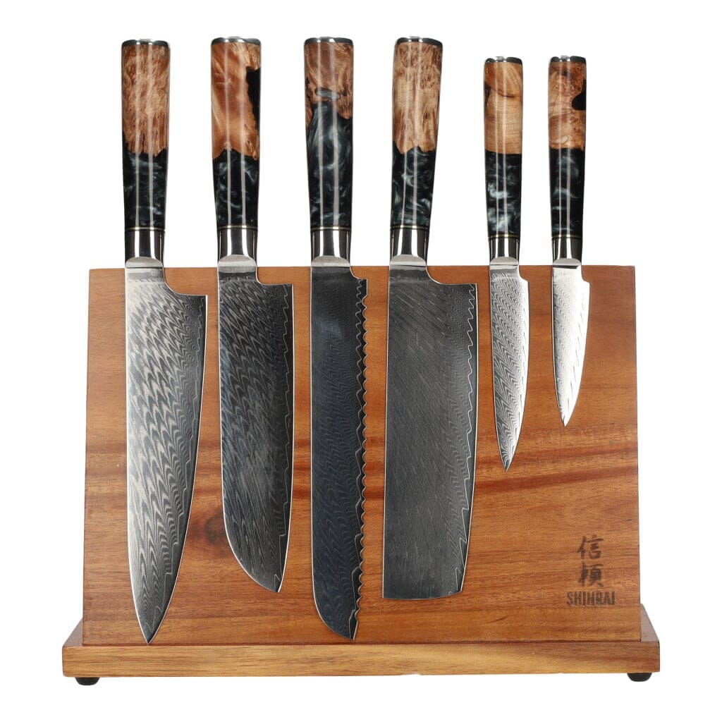 Epoxy Onyx 6-delige Damascus Messenset + Magnetisch Messenblok Enkelzijdig Messenset met blok Shinrai Knives 