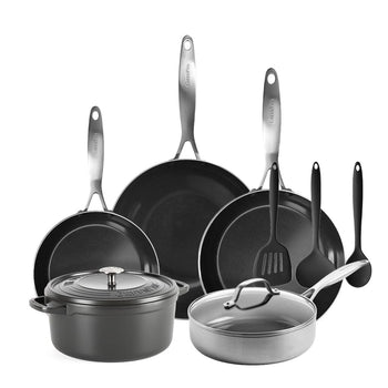 GreenPan - Geneva All You Need 9-delige Pannenset 18/24/24/28/28 cm - 2 koekenpannen + stoofpan met deksel + wokpan + braadpan + 3-delige spatelset Pannenset GreenPan 
