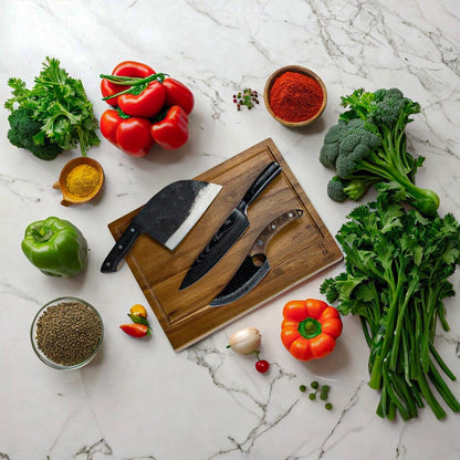 Shinrai Knives - 3 Bruine messen + Snijplank Messenset met snijplank Shinrai Knives 
