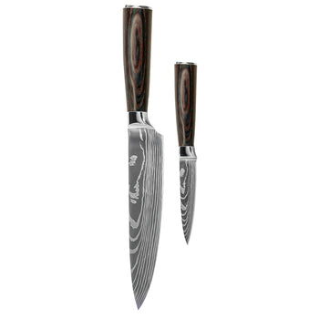 Shinrai Knives - Damascus Print 2-delige Messenset - Koksmes + Schilmes Messenset Shinrai Knives 
