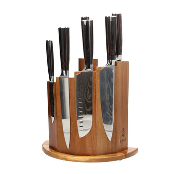 Couteaux Shinrai - Coffret de 7 couteaux à motif damassé + bloc magnétique ; Couteaux Scalae - Coffret de couteaux en bois d'acacia avec bloc ; Couteaux Shinrai