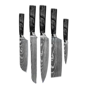 Shinrai Knives - Damascus Print Epoxy Onyx 5-delige Messenset - Koksmes + Broodmes + Nakiri + Kleine Santoku + Schilmes Messenset Shinrai Knives 