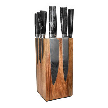Couteaux Shinrai - Coffret de 9 couteaux en onyx imprimé damas + bloc à couteaux. Coffret de couteaux rotatifs avec bloc. Couteaux Shinrai